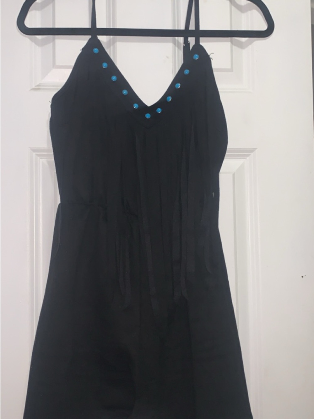 Black Spaghetti Strap romper with Turquoise Stud Detail and fringe